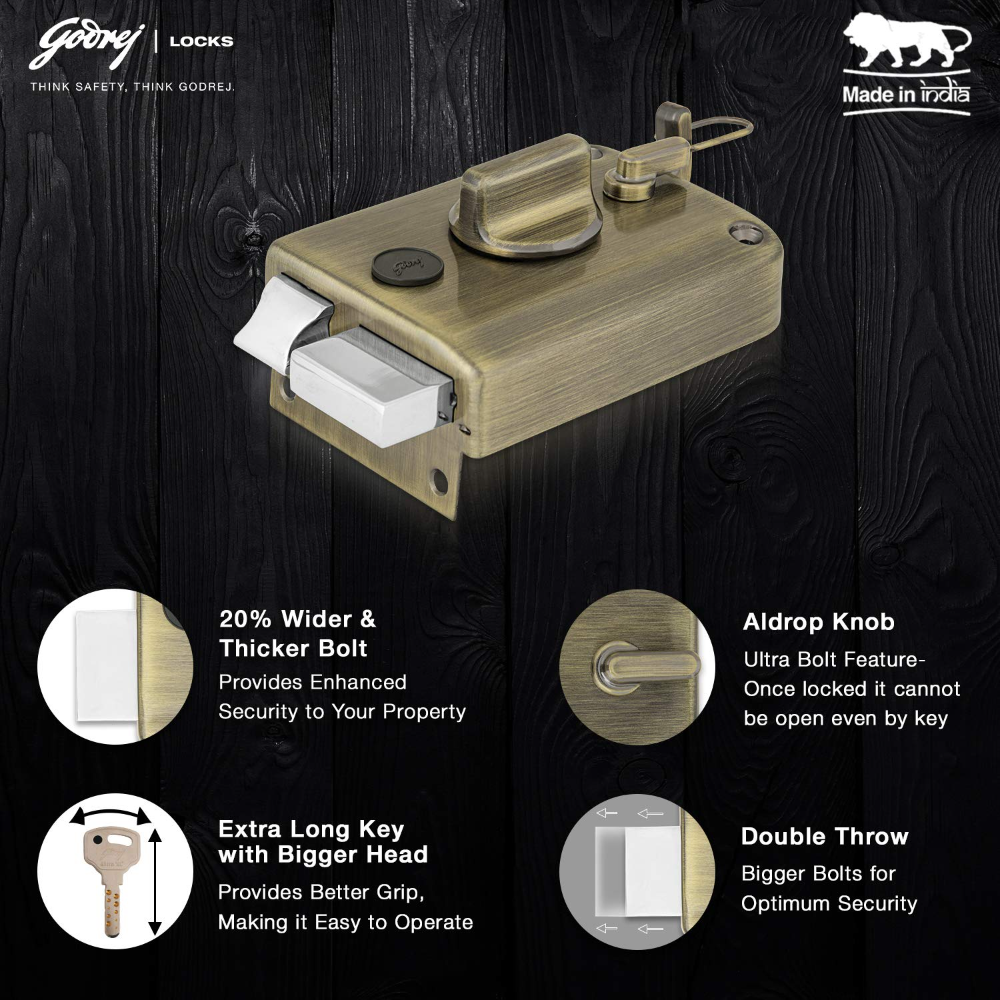 Godrej Rim Lock I Twinbolt Ultra XL plus I 1CK Latchbolt I For Outside Opening Door l LeftorRight Handed Doors I 4 Keys I 5-Year Warranty I Automatic Locking l Antique Copper Finish